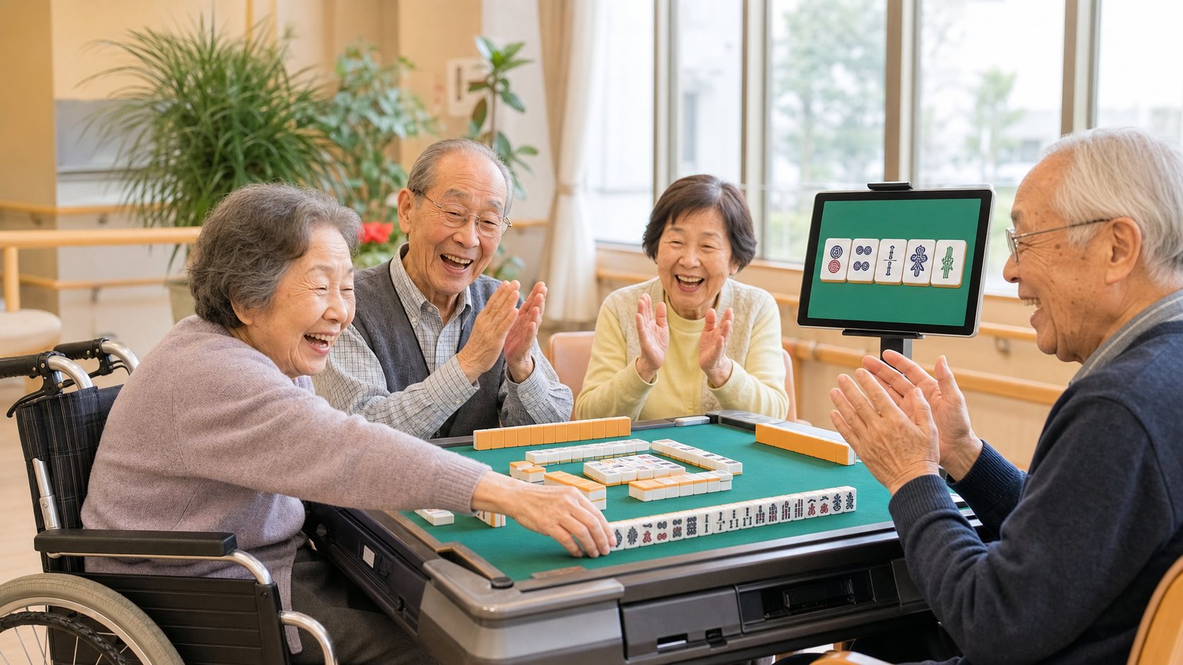 老人ホームのレクリエーションルームで健康麻雀を楽しむ高齢者4人。和了の瞬間に拍手が起きている(イメージ)