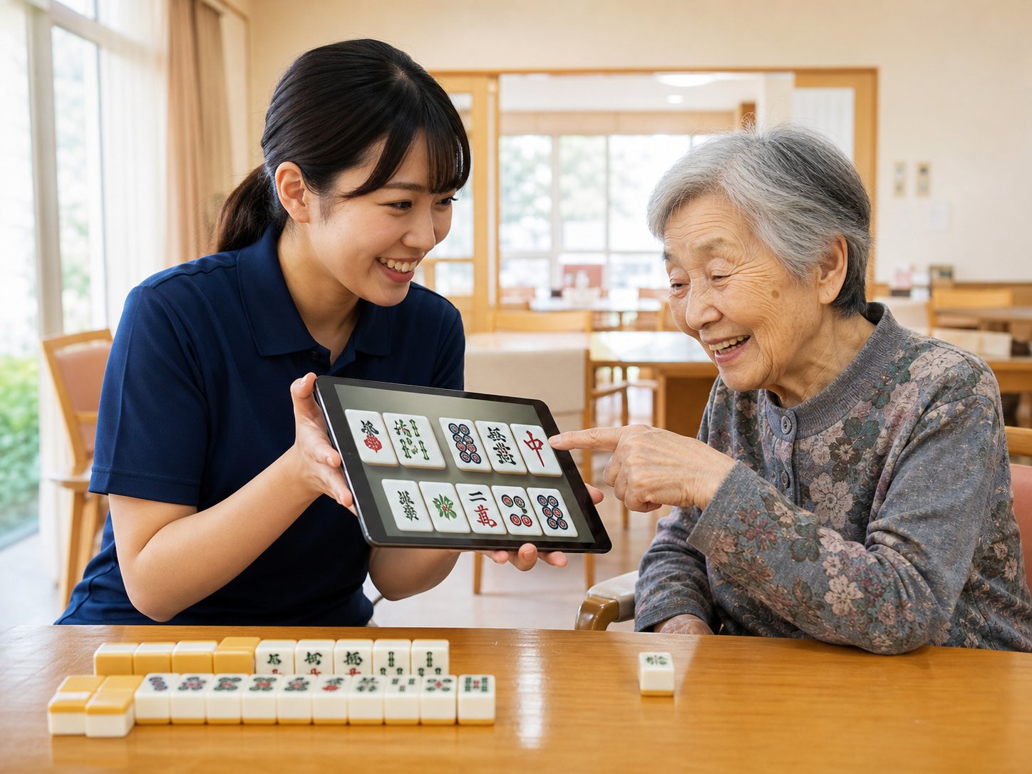 介護職員がタブレットの画面を高齢女性に見せている(イメージ)